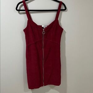 Topshop Women’s Corduroy Dress 6 Zipper Front Red Berry Layering Casual Mini